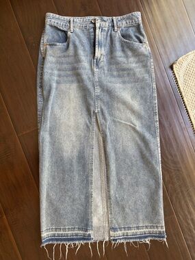 Light Wash Denim Maxi Skirt with Front Slit (Happily Grey)